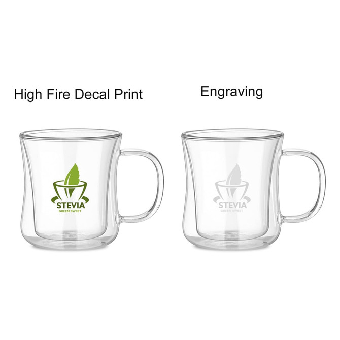 A double wall glass mug with a transparent design, featuring a handle and a logo.