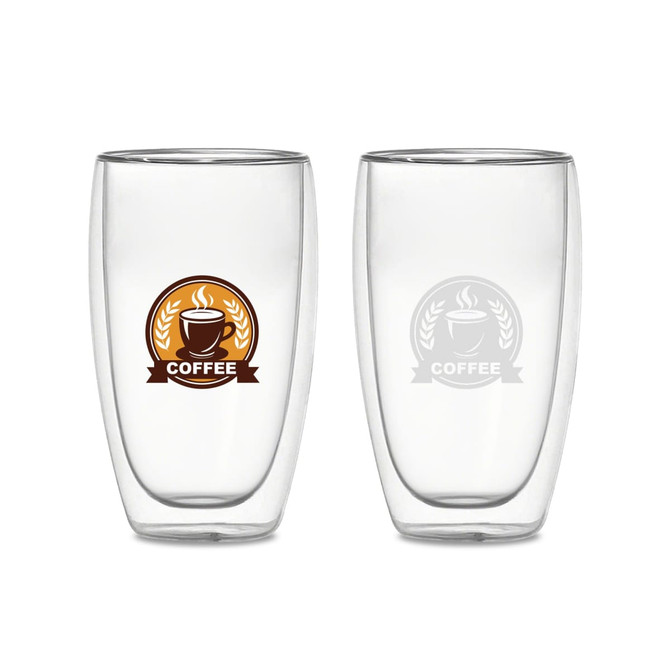 A drink bottle featuring two clear double wall glasses with logos, one brown and one transparent.