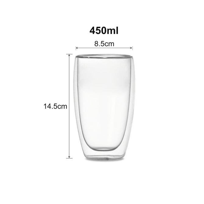 A double wall glass with a translucent design, measuring 14.5 cm in height and 8.5 cm in diameter.