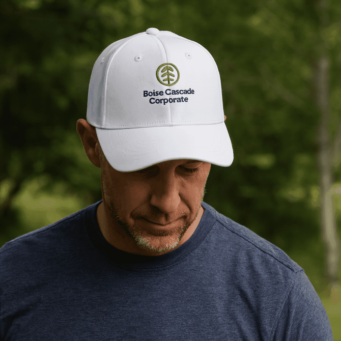 A white cotton snapback baseball cap with a logo on the front, worn by a person outdoors.
