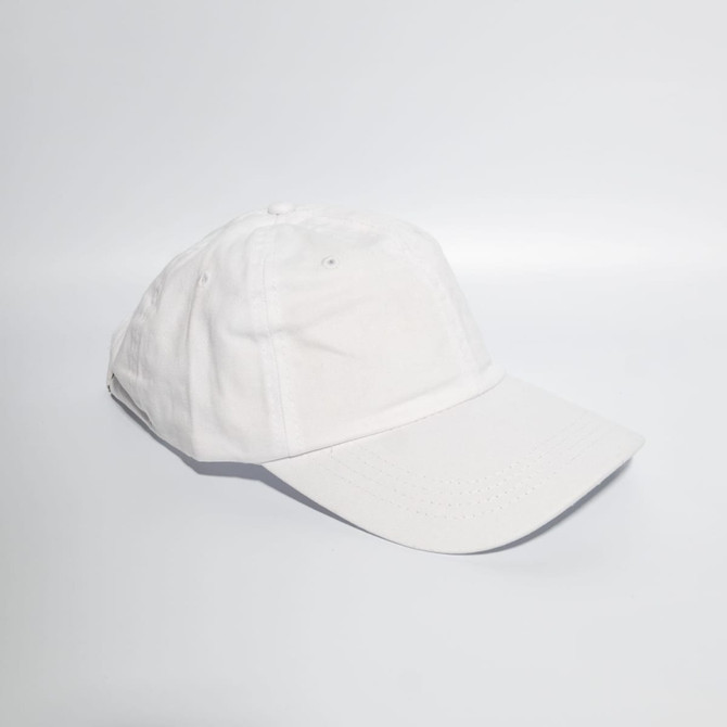 A white denim cotton baseball cap with a buckle strap and a logo on the side.