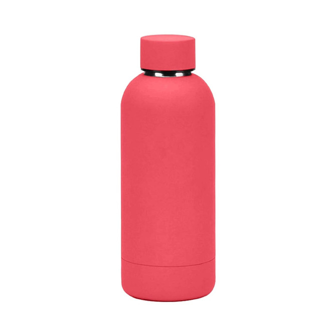 A drink bottle made of recycled stainless steel, insulated, in a coral pink finish, featuring a silver cap and logo.
