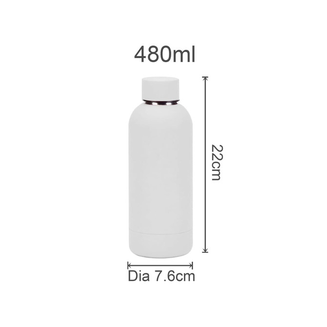 A drink bottle in white, made of recycled stainless steel, featuring a logo and holding 480ml.