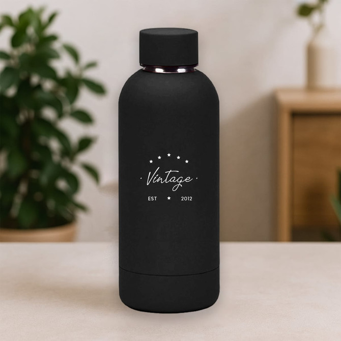 A drink bottle in matte black stainless steel with a logo design, featuring a rounded shape and insulated body.