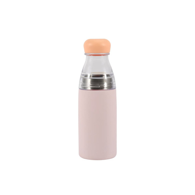 A drink bottle in light pink with a stainless steel interior and an orange cap, featuring a logo.