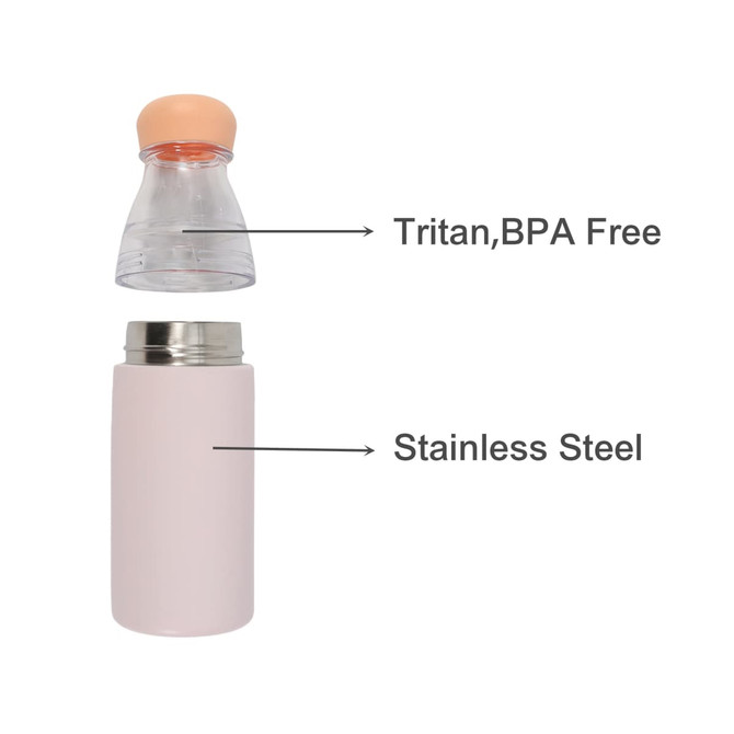 A drink bottle featuring a pink stainless steel body and a clear Tritan lid, with a logo on the side.