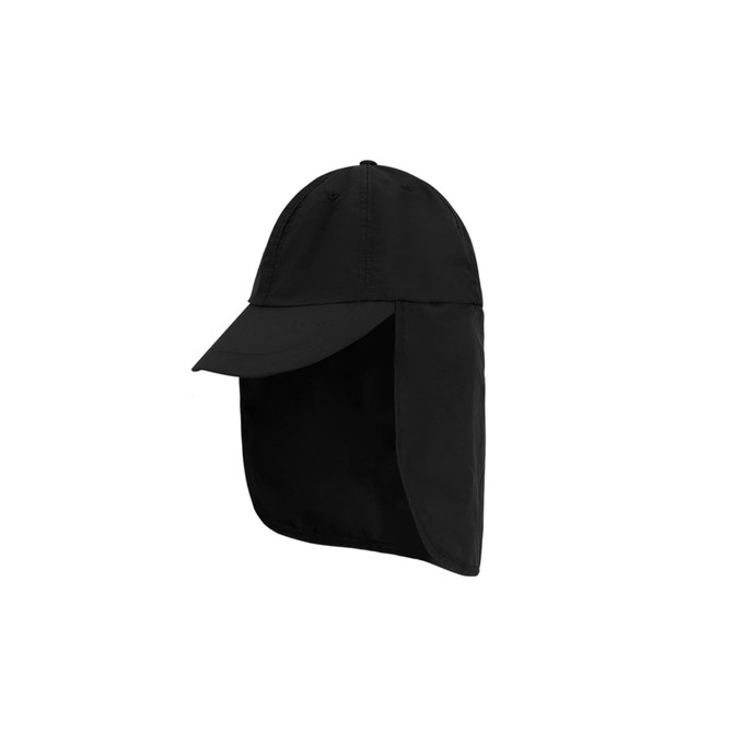 A black baseball cap with a neck flap, designed for sun protection, featuring a logo on the front.