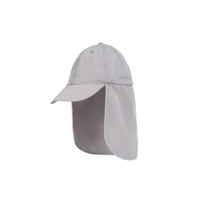 A grey baseball cap with a neck flap, featuring a protective design and a logo on the side.