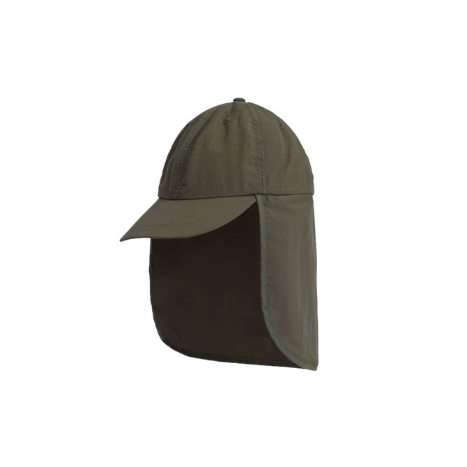 A baseball cap in olive green with a neck flap for sun protection. It has a simple design and includes a logo.