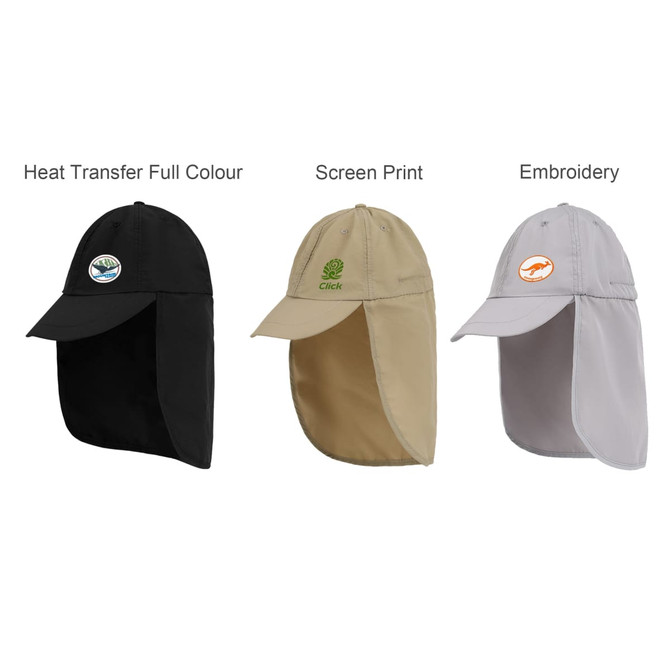 Baseball caps with neck flaps in black, khaki, and grey, featuring different designs and logos.