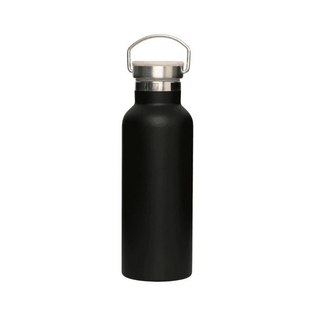A drink bottle in matte black with a stainless steel body and a bamboo lid, featuring a metal handle.