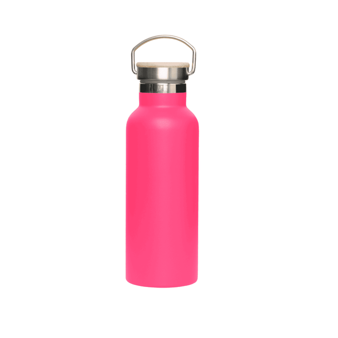 A drink bottle with a bright pink finish and a bamboo lid, featuring a metal cap and a handle.