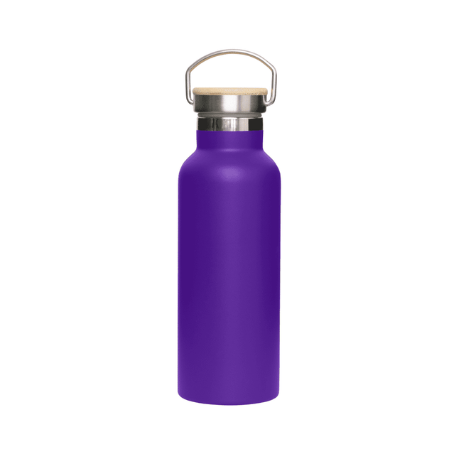A drink bottle in vibrant purple with a stainless steel neck and a bamboo lid, featuring a metal handle.