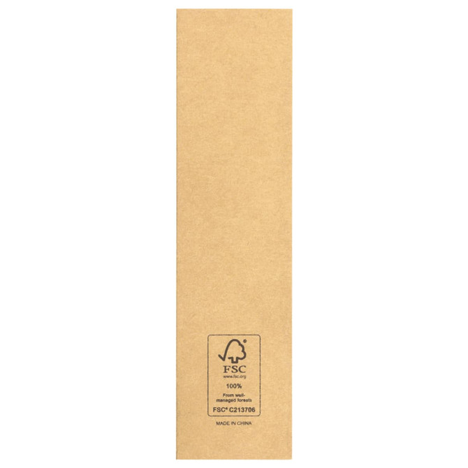 A brown cardboard pen sleeve with a logo and FSC certification mark at the bottom.