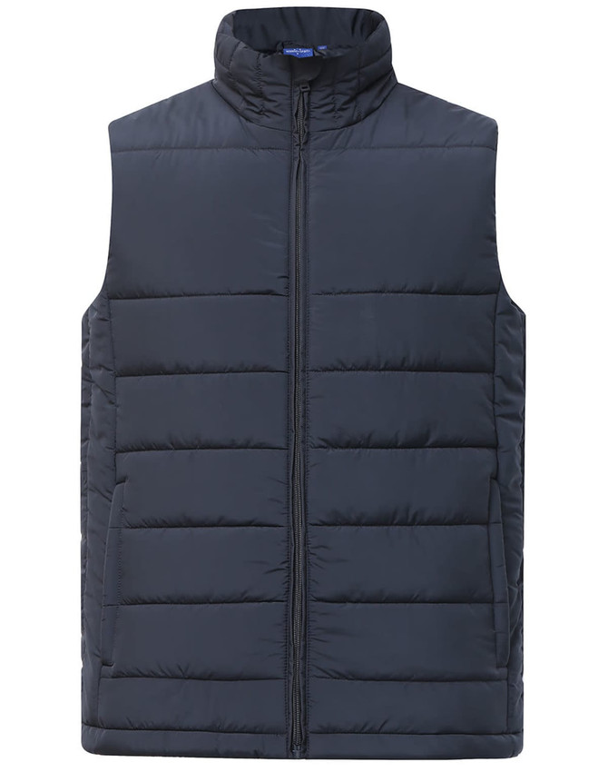A men's sustainable insulated puffer vest in navy blue with a 3D cut design and a front zip closure.