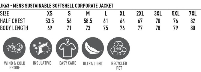 A table displaying size measurements for a Men's Sustainable Softshell Corporate Jacket in various sizes, with icons for features.