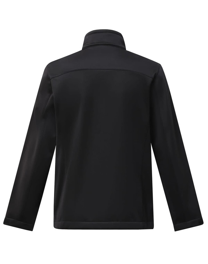 A black sustainable softshell corporate jacket features a high collar and long sleeves, with a logo on the back.