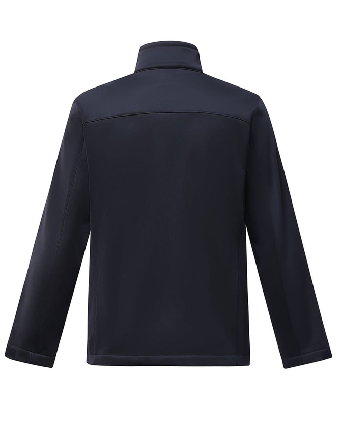 A navy men's sustainable softshell corporate jacket with a collar and long sleeves, featuring a logo.