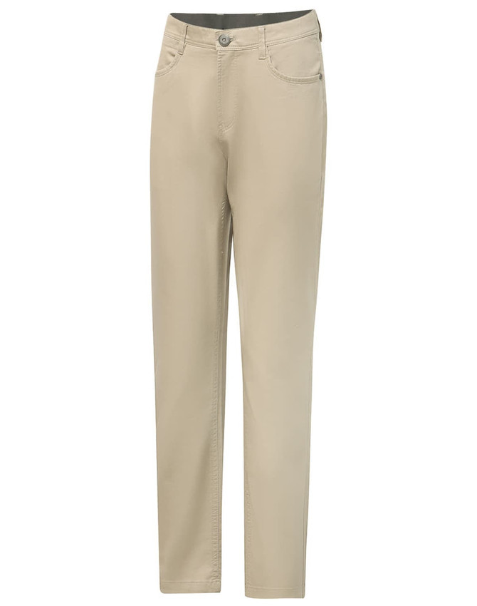 Men's flexi chino pants in beige with a classic jean style design and a logo on the label.