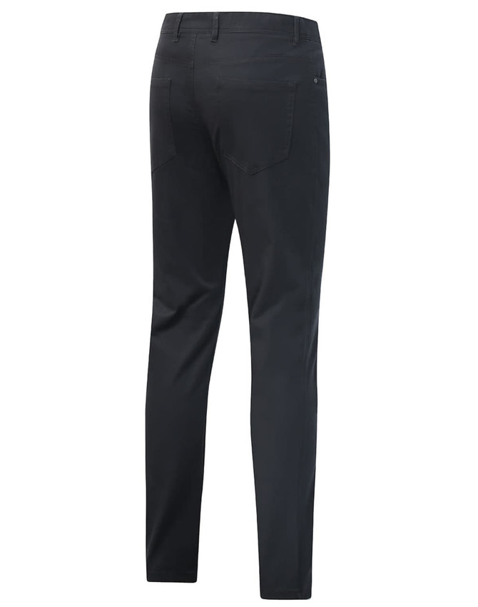 Ladies' flexi chino pants in black, featuring a slim fit and back pockets. The design includes a branding logo.
