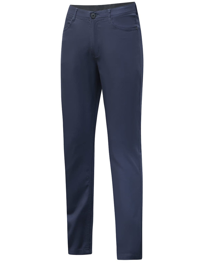 Ladies' flexi chino pants in navy blue, featuring a slim fit and classic style, with pockets and a branded logo.