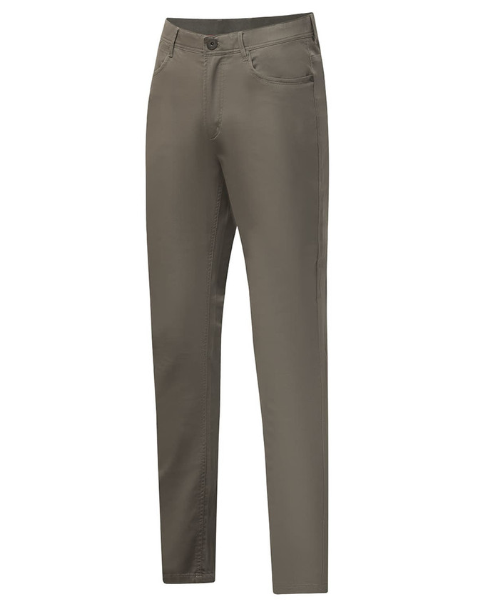 Ladies' flexi chino pants in a stylish khaki colour with a sleek, fitted design and a logo.