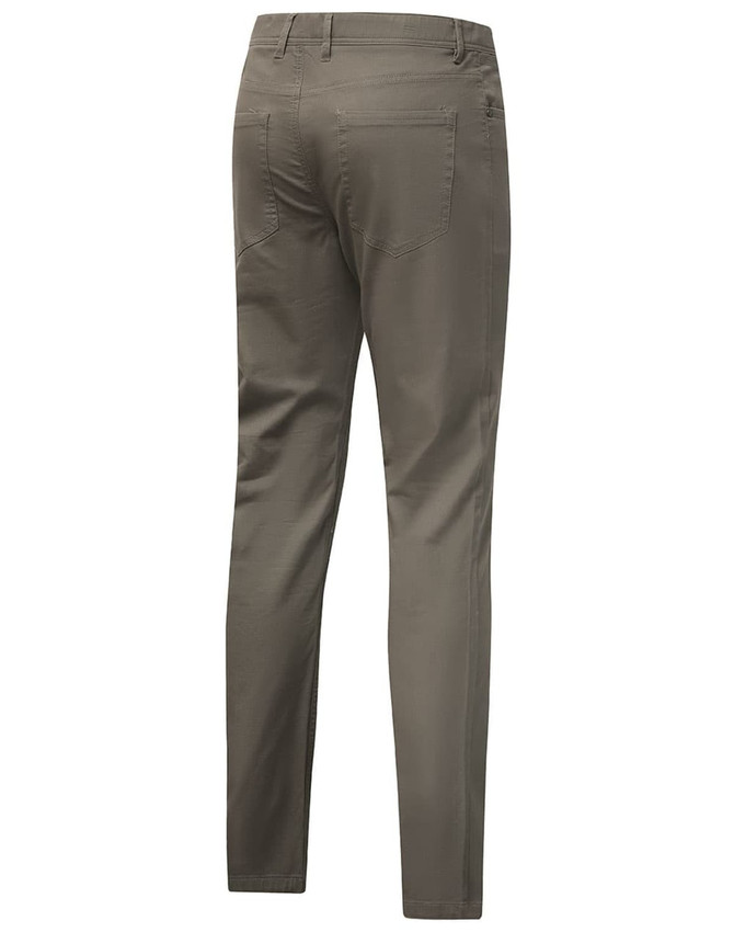 A pair of ladies' flexi chino pants in a khaki colour, viewed from the back. The pants feature a subtle branding logo.