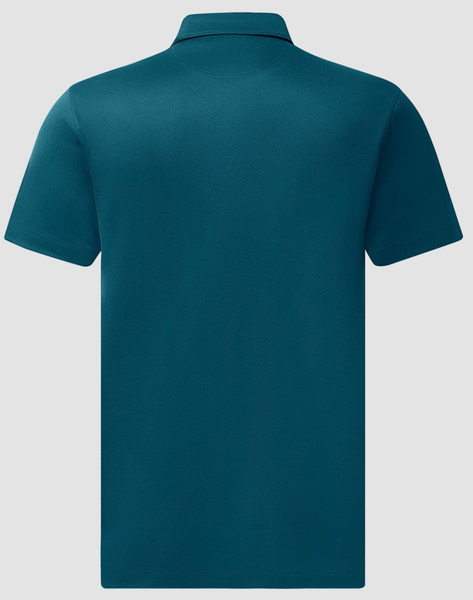 A teal sustainable jacquard knit short-sleeve polo shirt, featuring a collar and a branding logo.