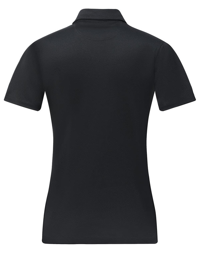 A black ladies' sustainable jacquard knit short-sleeve polo featuring a plain back and a collar, with a logo present.