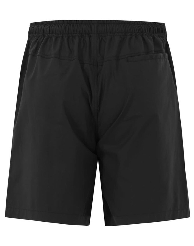 Black unisex cotton shorts featuring an elastic waistband and a back pocket, with a simple logo.