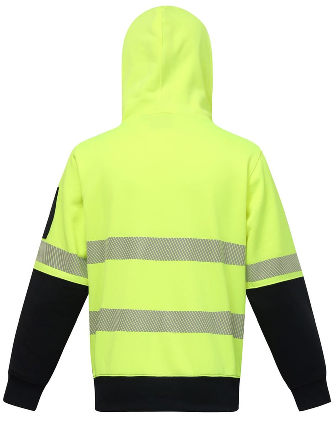 A safety hoodie in high-visibility yellow with black sleeves and segmented reflective tapes. It features a hood.