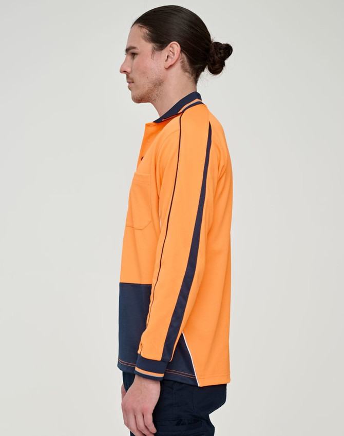 A safety long-sleeve polo shirt in hi-vis orange with navy blue accents, featuring a logo.