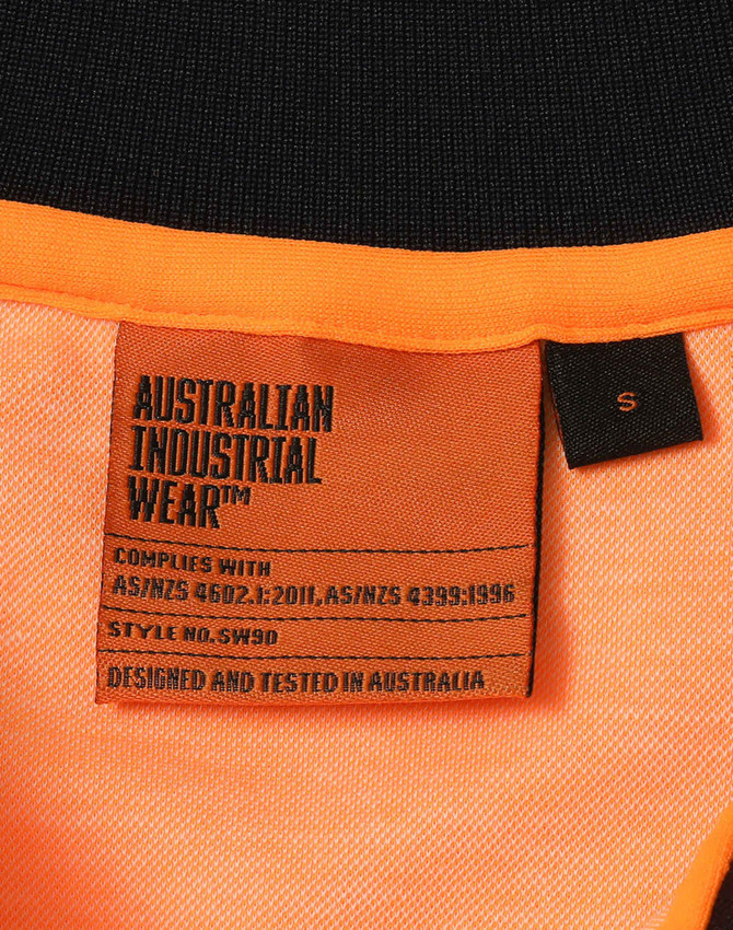 A tag from a Hi-Vis Sustainable Cool-Breeze Truedry Safety L/S Polo in orange and black, featuring a logo.