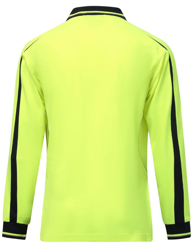A long-sleeve polo in hi-vis yellow with navy stripes along the sleeves and a collar, featuring a logo.