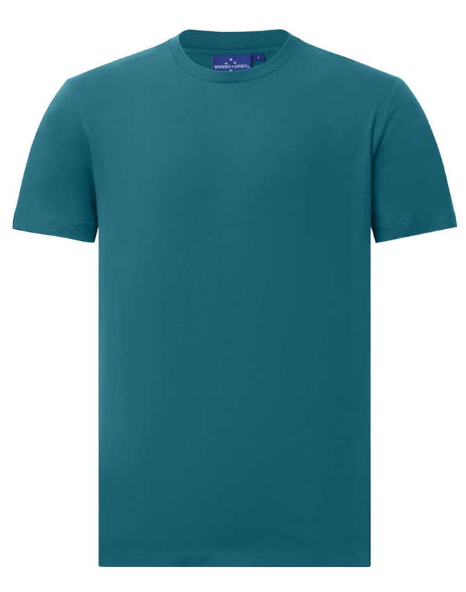 A premium cotton short-sleeve tee shirt in teal, featuring a round neckline and a logo on the label.