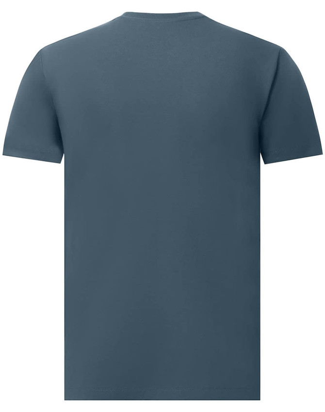 A men's premium cotton short-sleeve tee shirt in a solid dark blue colour, featuring a logo on the back.