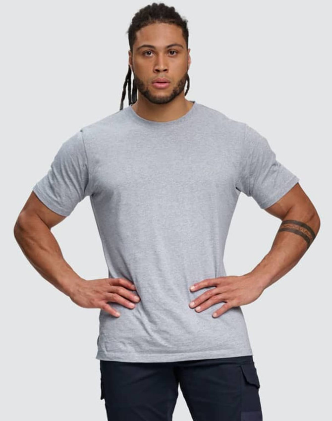 A grey men's premium cotton short sleeve t-shirt with a logo, featuring a relaxed fit and crew neck style.