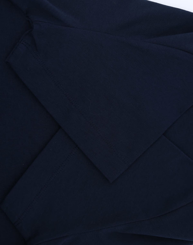 A navy blue ladies' premium cotton short-sleeve tee shirt featuring a logo.
