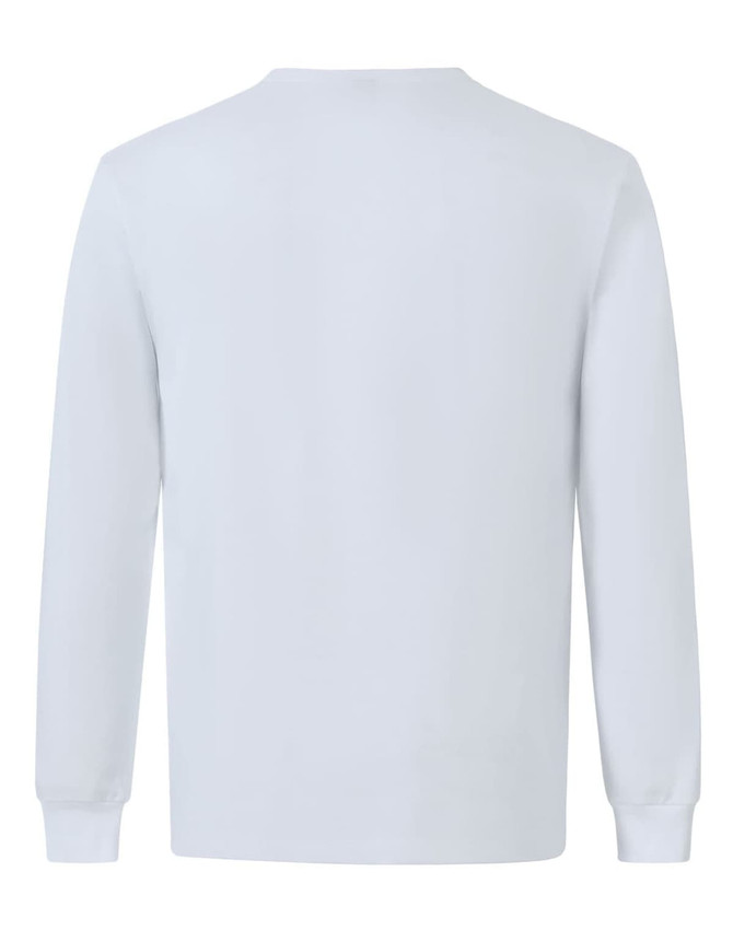 A plain long-sleeve tee shirt in light grey, featuring a crew neckline and a logo.
