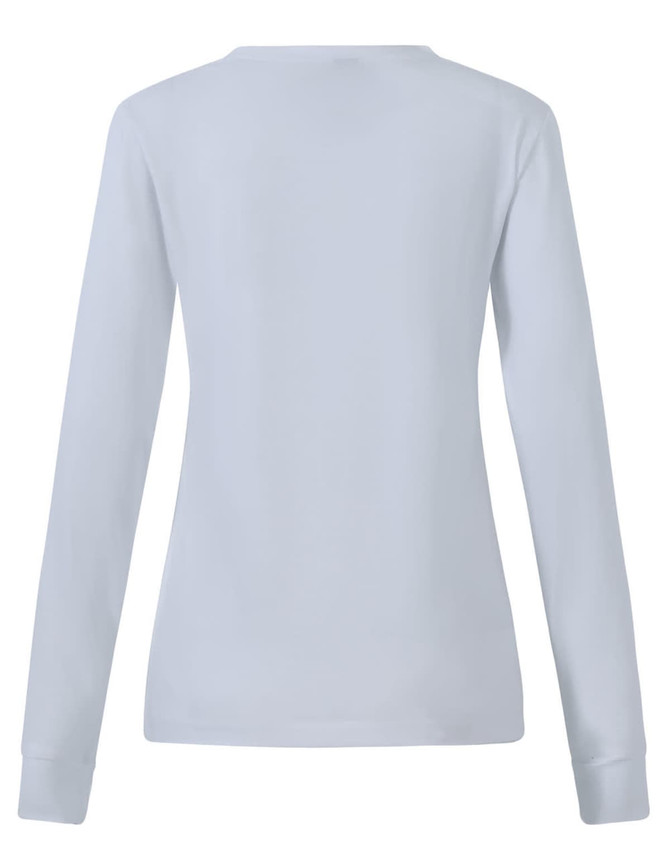 A light blue long-sleeve tee shirt for women with a fitted shape and a logo on the back.