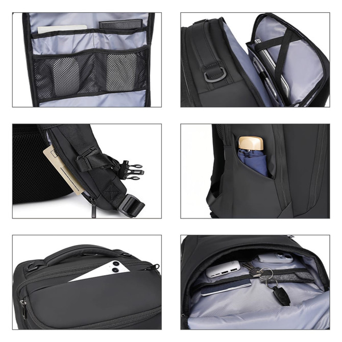 A black waterproof business backpack with multiple compartments and pockets for devices and accessories. Features a logo.