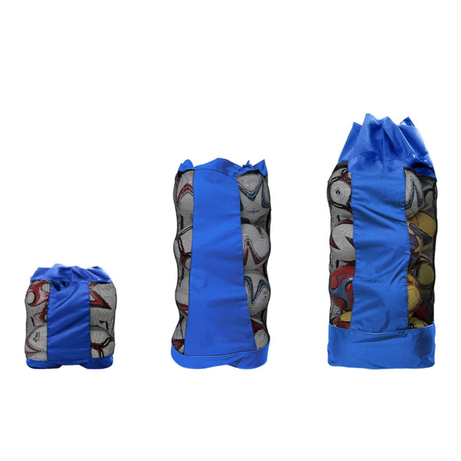 A set of three drawstring mesh ball bags featuring a blue exterior and transparent mesh sections displaying various patterns inside.