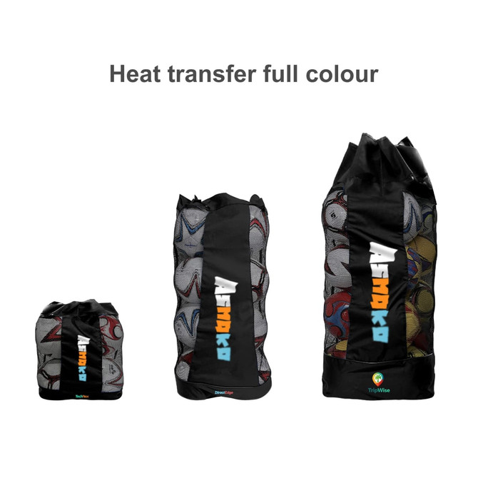 A set of three drawstring mesh ball bags in black, featuring a colourful graphic design and a logo.