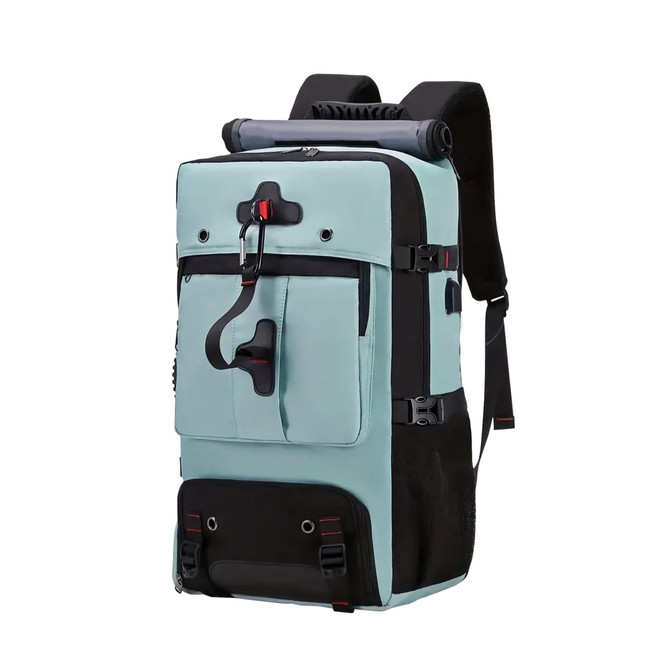 A convertible backpack duffel bag in light blue and black, featuring adjustable straps and multiple compartments.