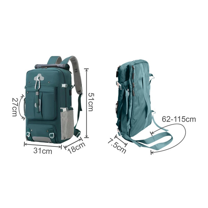 A teal convertible backpack to duffel bag with multiple compartments and adjustable straps displayed from two angles.