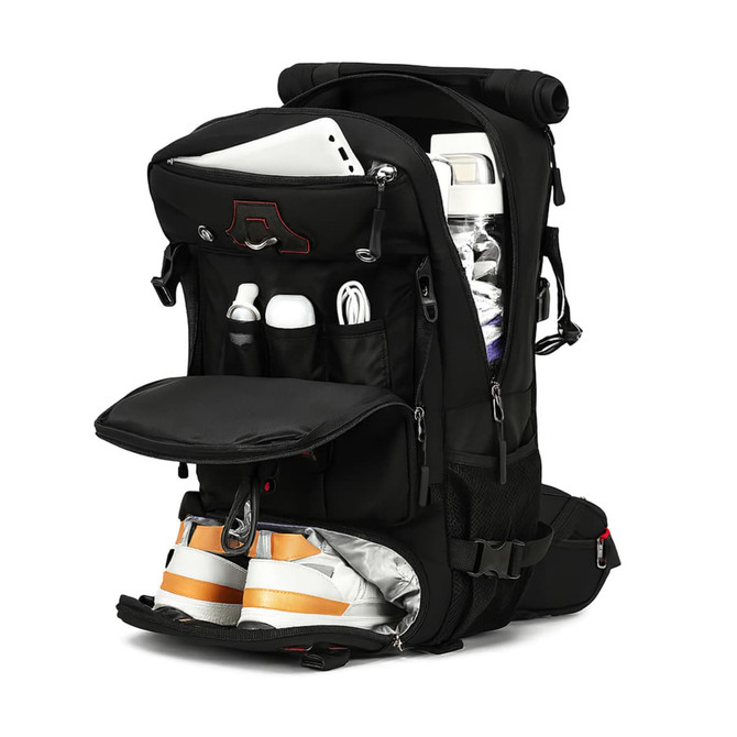 A black convertible backpack to duffel bag with multiple compartments, including space for shoes and a drink bottle.