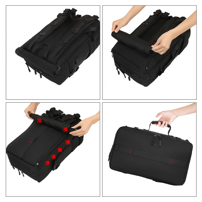 A black convertible backpack duffel bag with adjustable straps and multiple compartments for versatile use.