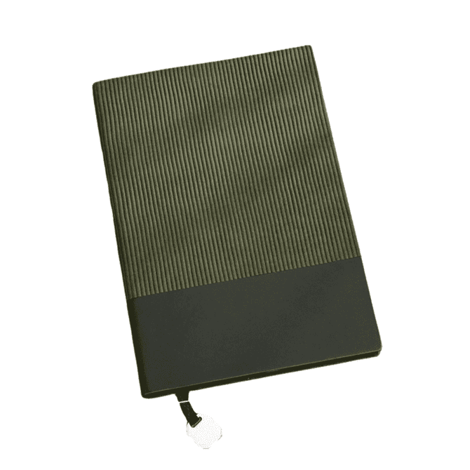 A green Bondi A5 leather notebook with a ribbed texture and a smooth lower section, featuring a zip closure.