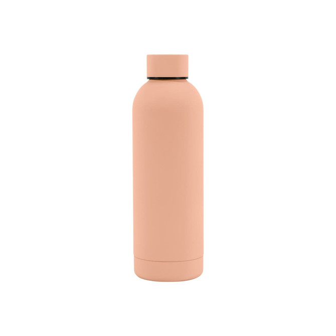 A drink bottle with a rubber-coated finish, featuring a sleek design in a soft pink shade and a branded logo.