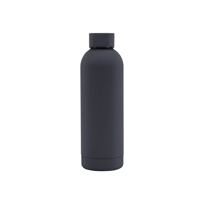 A drink bottle in matte black with a rubber coating and double wall construction. Features a lid and logo.